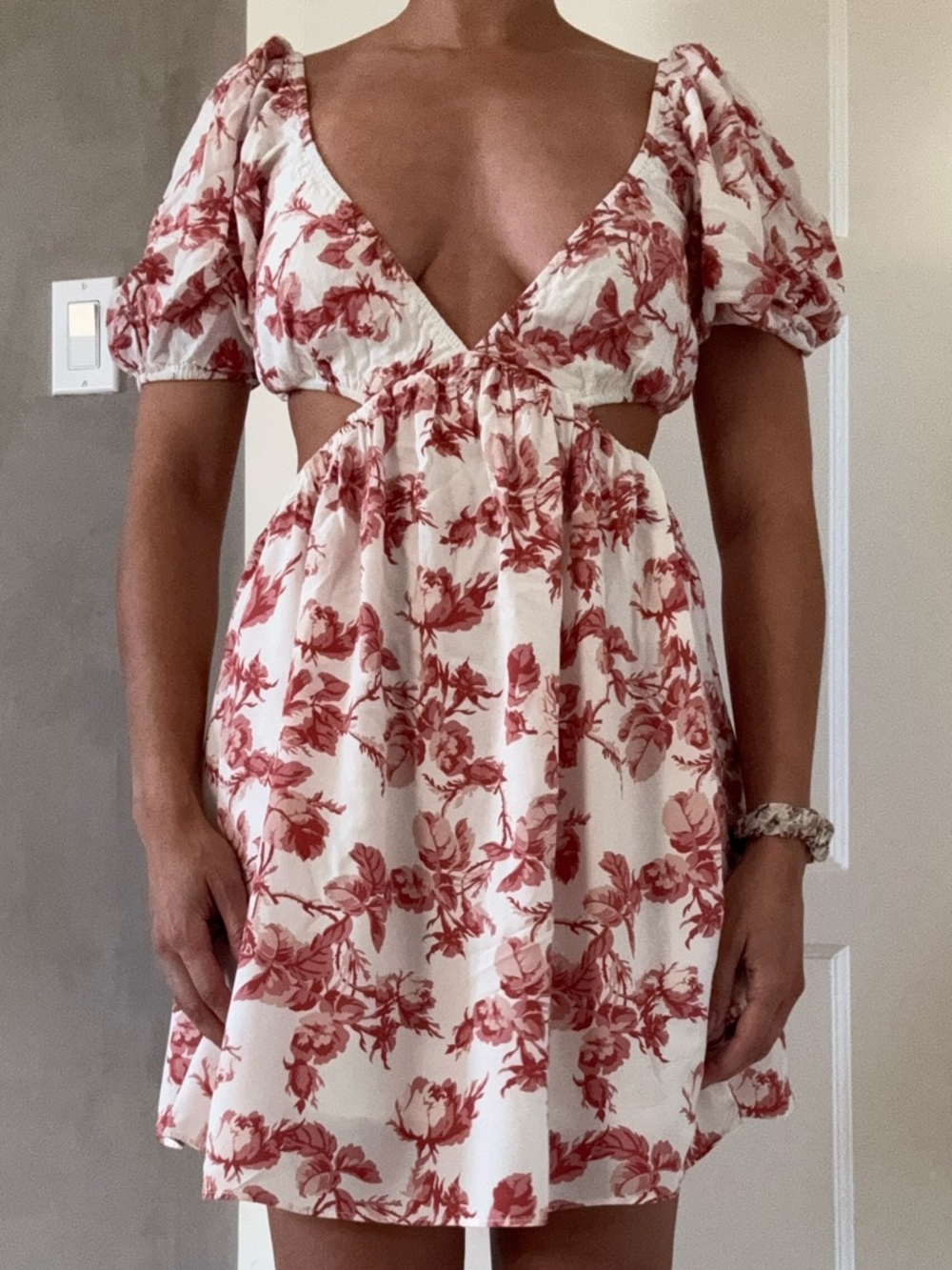 Bardot Mini Dress with Red Floral Print